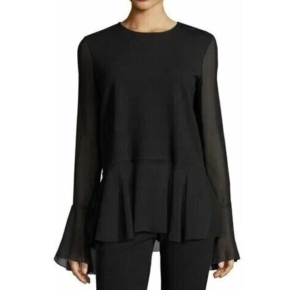Theory Black Lexanda C Idol Bell-Sleeve Peplum Top Woo/Silk-Medium - Picture 1 of 9